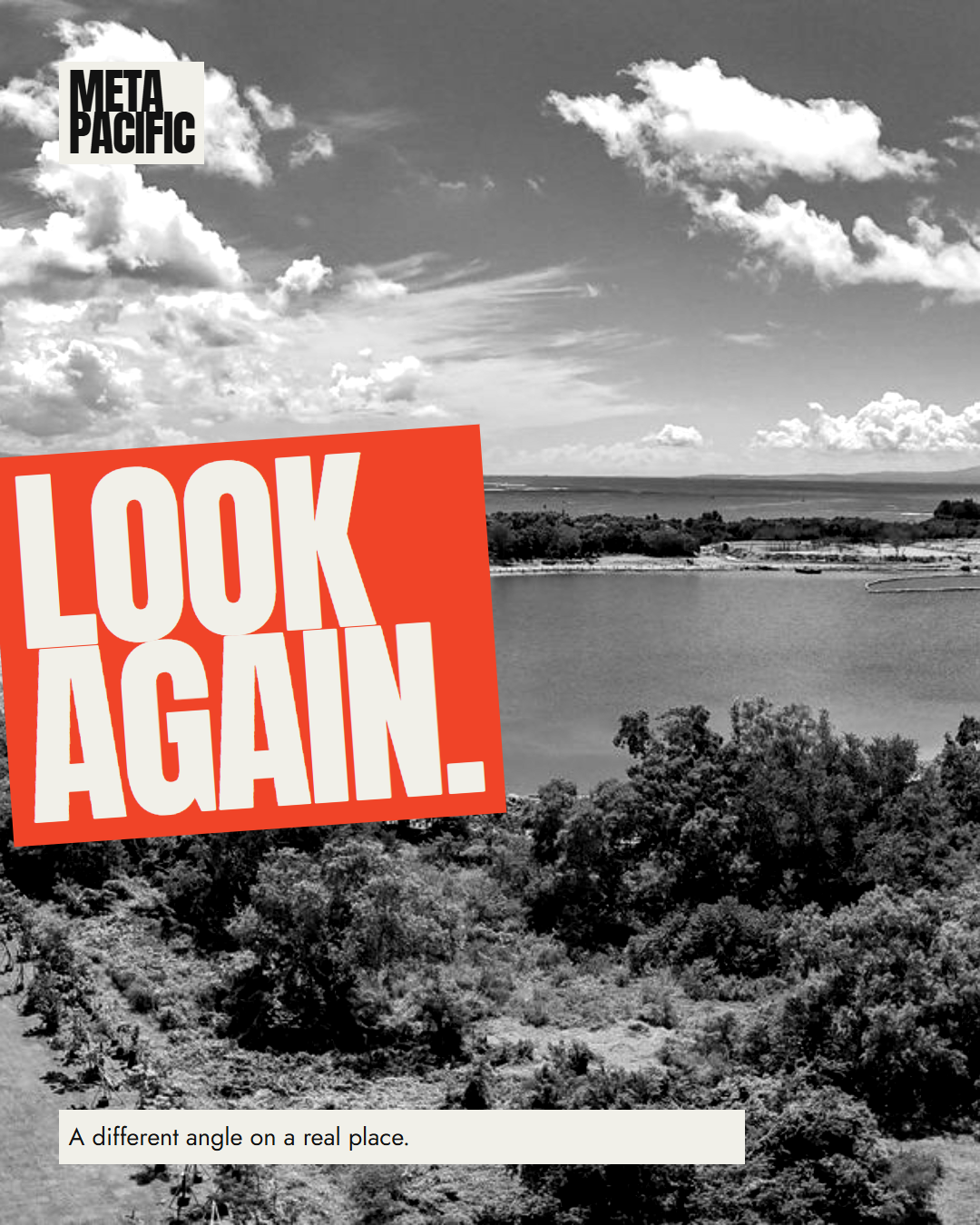 Meta Pacific brand-direction artwork using black-and-white aerial photography and vermilion typography